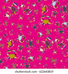 Perfect seafood texture. Seamless pattern with flock of cute cartoon crabs on color background. For cards, invitations, albums, wallpapers, backgrounds and scrapbooks.