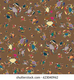 Perfect seafood texture. Seamless pattern with flock of cute cartoon crabs on color background. For cards, invitations, albums, wallpapers, backgrounds and scrapbooks.