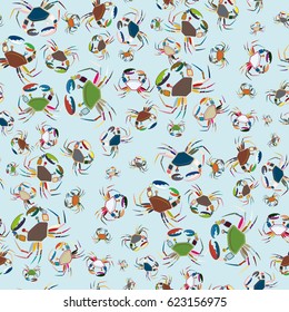 Perfect seafood texture. Seamless pattern with flock of cute cartoon crabs on color background. For cards, invitations, albums, wallpapers, backgrounds and scrapbooks.