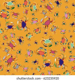 Perfect seafood texture. Seamless pattern with flock of cute cartoon crabs on color background. For cards, invitations, albums, wallpapers, backgrounds and scrapbooks.