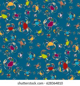 Perfect seafood texture. Seamless pattern with flock of cute cartoon crabs on color background. For cards, invitations, albums, wallpapers, backgrounds and scrapbooks.