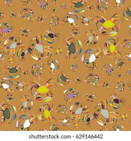 Perfect seafood texture. Seamless pattern with flock of cute cartoon crabs on color background. For cards, invitations, albums, wallpapers, backgrounds and scrapbooks.