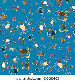 Perfect seafood texture. Seamless pattern with flock of cute cartoon crabs on color background. For cards, invitations, albums, wallpapers, backgrounds and scrapbooks.