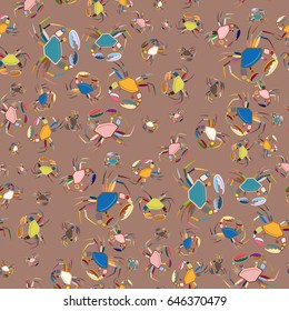 Perfect seafood texture. Seamless pattern with flock of cute cartoon crabs on color background. For cards, invitations, albums, wallpapers, backgrounds and scrapbooks.