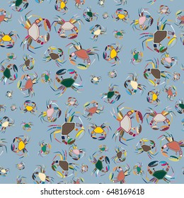 Perfect seafood texture. Seamless pattern with flock of cute cartoon crabs on color background. For cards, invitations, albums, wallpapers, backgrounds and scrapbooks.