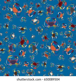 Perfect seafood texture. Seamless pattern with flock of cute cartoon crabs on color background. For cards, invitations, albums, wallpapers, backgrounds and scrapbooks.