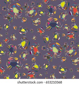 Perfect seafood texture. Seamless pattern with flock of cute cartoon crabs on color background. For cards, invitations, albums, wallpapers, backgrounds and scrapbooks.