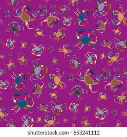 Perfect seafood texture. Seamless pattern with flock of cute cartoon crabs on color background. For cards, invitations, albums, wallpapers, backgrounds and scrapbooks.
