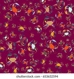 Perfect seafood texture. Seamless pattern with flock of cute cartoon crabs on color background. For cards, invitations, albums, wallpapers, backgrounds and scrapbooks.
