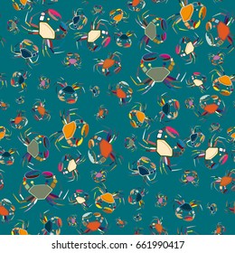 Perfect seafood texture. Seamless pattern with flock of cute cartoon crabs on color background. For cards, invitations, albums, wallpapers, backgrounds and scrapbooks.