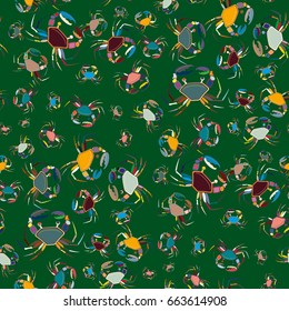 Perfect seafood texture. Seamless pattern with flock of cute cartoon crabs on color background. For cards, invitations, albums, wallpapers, backgrounds and scrapbooks.