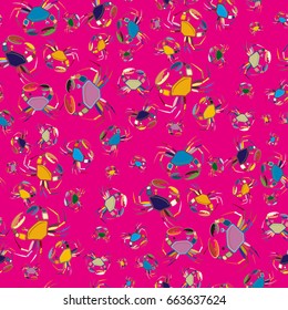 Perfect seafood texture. Seamless pattern with flock of cute cartoon crabs on color background. For cards, invitations, albums, wallpapers, backgrounds and scrapbooks.