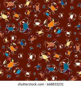 Perfect seafood texture. Seamless pattern with flock of cute cartoon crabs on color background. For cards, invitations, albums, wallpapers, backgrounds and scrapbooks.