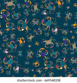 Perfect seafood texture. Seamless pattern with flock of cute cartoon crabs on color background. For cards, invitations, albums, wallpapers, backgrounds and scrapbooks.