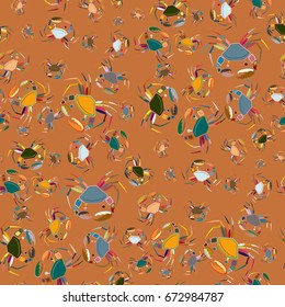 Perfect seafood texture. Seamless pattern with flock of cute cartoon crabs on color background. For cards, invitations, albums, wallpapers, backgrounds and scrapbooks.