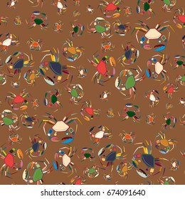 Perfect seafood texture. Seamless pattern with flock of cute cartoon crabs on color background. For cards, invitations, albums, wallpapers, backgrounds and scrapbooks.