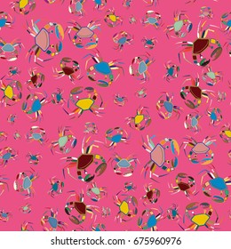 Perfect seafood texture. Seamless pattern with flock of cute cartoon crabs on color background. For cards, invitations, albums, wallpapers, backgrounds and scrapbooks.
