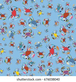 Perfect seafood texture. Seamless pattern with flock of cute cartoon crabs on color background. For cards, invitations, albums, wallpapers, backgrounds and scrapbooks.