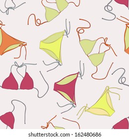 Perfect seamless pattern with colorful bikini set. Beautiful swim design element.  Cute fully editable background drawn in vector by hand. 
