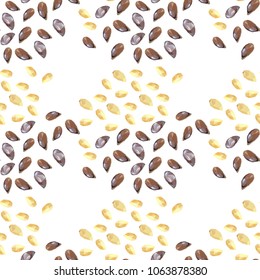 Perfect seamless pattern with handful of vertical seeds like white seasame and brown flax seeds. Polygonal style. Vector illustration for cover, textile, interior design. 