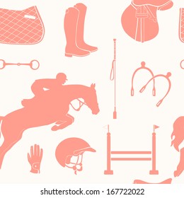 Perfect seamless pattern with horse equipment, including jumping horse, boots, saddle, helmet, obstacle, pad, crop. Beautiful equine texture made in light red color.