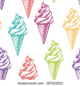 Perfect seamless pattern with ice cream cones hand drawn in vector