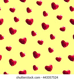 Perfect seamless pattern with jewelry, background with red jewels, low poly style, gem stones, red polygonal  vector hearts background