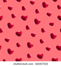 Perfect seamless pattern with jewelry, background with red jewels, low poly style, gem stones, red polygonal  vector hearts background