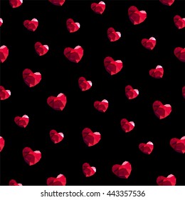 Perfect seamless pattern with jewelry, background with red jewels, low poly style, gem stones, red polygonal  vector hearts background