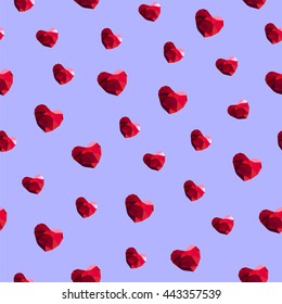 Perfect seamless pattern with jewelry, background with red jewels, low poly style, gem stones, red polygonal hearts background