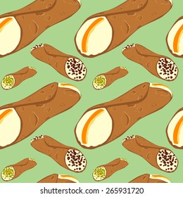 Perfect seamless pattern with sicilian dessert cannoli on the light green background.