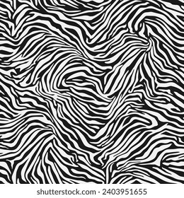 Perfect seamless pattern with zebra stripes. Black and white colors fashion texture. Exotic wild animalistic camouflage texture. Vector illustration animal fur print.