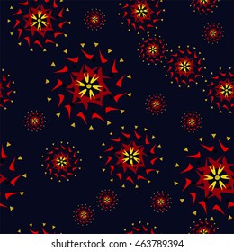 Perfect seamless texture with fractal figures on the dark blue background. National colorful texture. Perfect for textile, cover, card and interior design. Vector illustration.