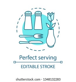 Perfect serving concept icon. Cafe table reservation. Food industry. Cutlery, salt, pepper, flower. Table setting idea thin line illustration. Vector isolated outline drawing. Editable stroke