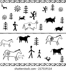 Perfect set of cave paintings. Ethnic seamless pattern. Vector