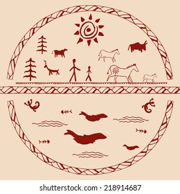 Perfect set of cave paintings. Ethnic  pattern. Vector