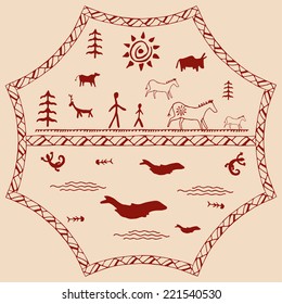 Perfect set of cave paintings. Ethnic  pattern. Vector