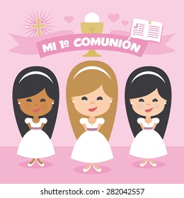 A perfect set First Communion. Group of children of different ethnicities making first communion. Vector Element Set. Written in Spanish