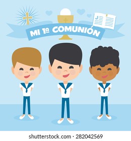 A perfect set First Communion. Group of children of different ethnicities making first communion. Vector Element Set. Written in Spanish