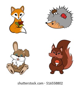 Perfect set of illustration in cartoon naive style with funny animals. 
Cute animal hedgehog, fox, hare and squirrel 
It can be used as labels, characters, design elements, character