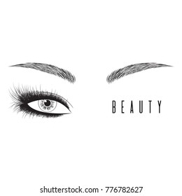 Perfect shape eyebrows. Eyelash extension and eyebrow tattoo. Glamorous fashion makeup. Logo beauty salon. Mascara and smoky eyes makeup. Care for eyelashes and eyebrows - grooming and microblading