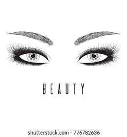 Perfect shape eyebrows. Eyelash extension and eyebrow tattoo. Glamorous fashion makeup. Logo beauty salon. Mascara and smoky eyes makeup. Care for eyelashes and eyebrows - grooming and microblading