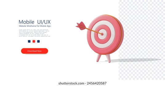 Perfect Shot on a Pink Target with Arrow. A 3D illustration of a perfectly aimed arrow hitting the bullseye on a pink and white target, symbolizing precision and achievement. Vector illustration