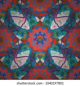 Perfect for site backdrop, wrapping paper, wallpaper, textile and surface design. Vector pink, green and blue creative Ethnic Style mandalas seamless pattern. Unique geometric swatch.