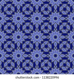 Perfect for site backdrop, wrapping paper, wallpaper, textile and surface design. Vector blue, black and violet creative Ethnic Style mandalas seamless pattern. Unique geometric swatch.