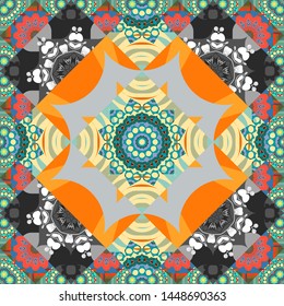 Perfect for site backdrop, wrapping paper, wallpaper, textile and surface design. Unique geometric swatch. Vector gray, orange and blue creative Ethnic Style mandalas seamless pattern.