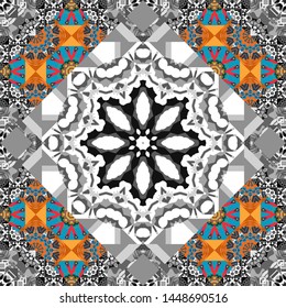 Perfect for site backdrop, wrapping paper, wallpaper, textile and surface design. Vector gray, orange and blue creative Ethnic Style mandalas seamless pattern. Unique geometric swatch.