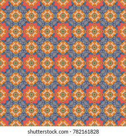 Perfect for site backdrop, wrapping paper, wallpaper, textile and surface design. Vector pink, blue and orange creative Ethnic Style mandalas seamless pattern. Unique geometric swatch.
