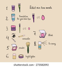 Perfect skin tone secrets in doodle style. Vector illustration.