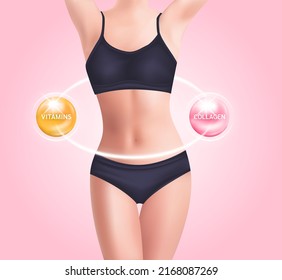 Perfect slim toned young body with dietary fiber lower cholesterol level. Slim foods and vitamin collagen healthy supplement. Beautiful woman's body. 3D Vector EPS10. On a pink background.